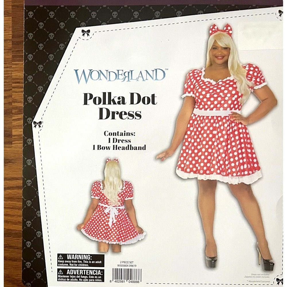 Wonderland Womens Plus Polka Dot Dress & Bow Halloween Costume Adult 1X 16/18W)